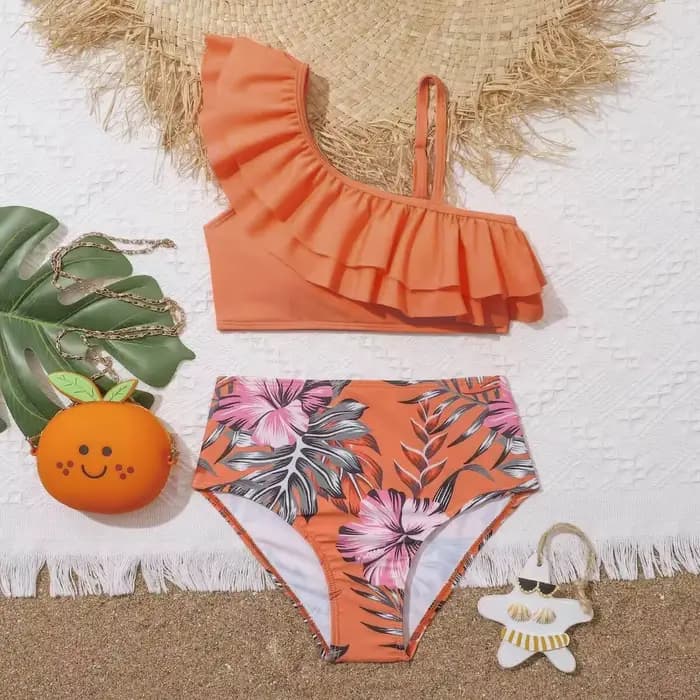 Maillot de bain imprimé floral pour filles, taille haute, bikini, ensemble deux pièces, pour la plage, pour enfants de 7 à 12 ans