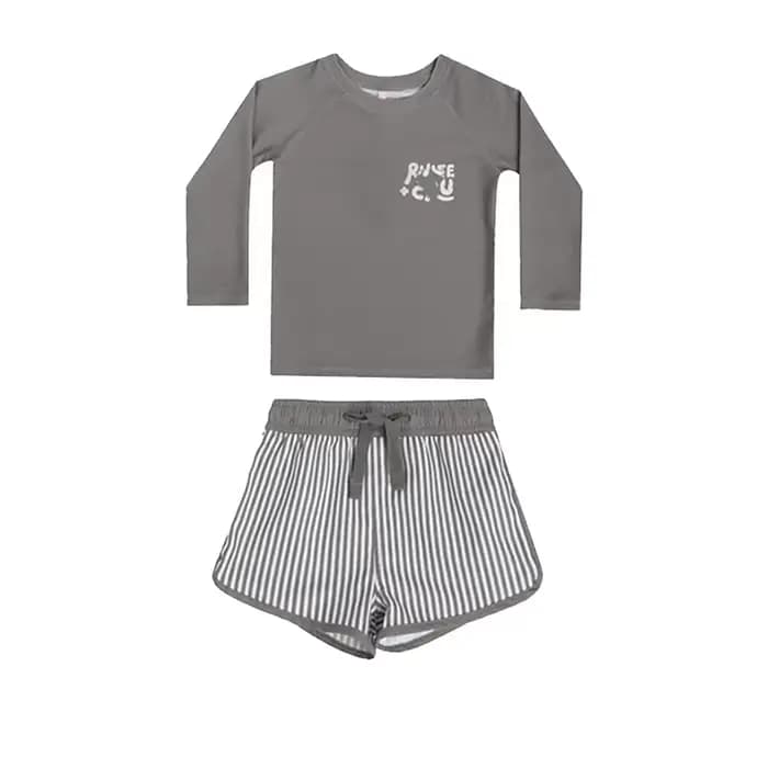 Maillot de bain pour bébé garçon, imprimé mignon, col rond, haut à manches longues + short à taille élastique, maillot de bain fendu, protection solaire, vêtements de plage, E23296