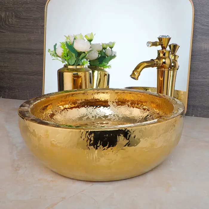 EllMAIDI-Évier de Luxe en Céramique Dorée, en Porcelaine, au-dessus du Comptoir, pour Salle de Bain