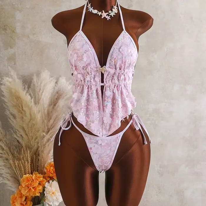 Ensemble bikini dos nu imprimé à sequins