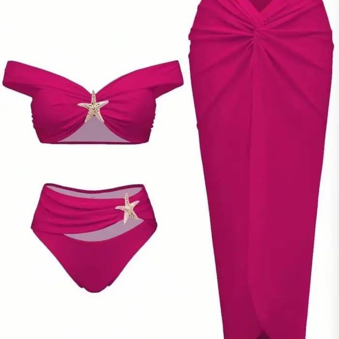 Ensemble de bikini sexy pour femmes, vêtements de plage, bikini étoile de mer métallique, jupes longues plissées, ensembles trois pièces, style de vacances pour filles sexy, maillot de bain