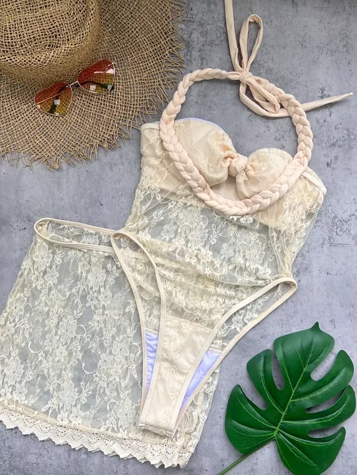 2025 Style dentelle licou femmes une pièce maillot de bain et jupe courte Sexy mode dame 2 pièces