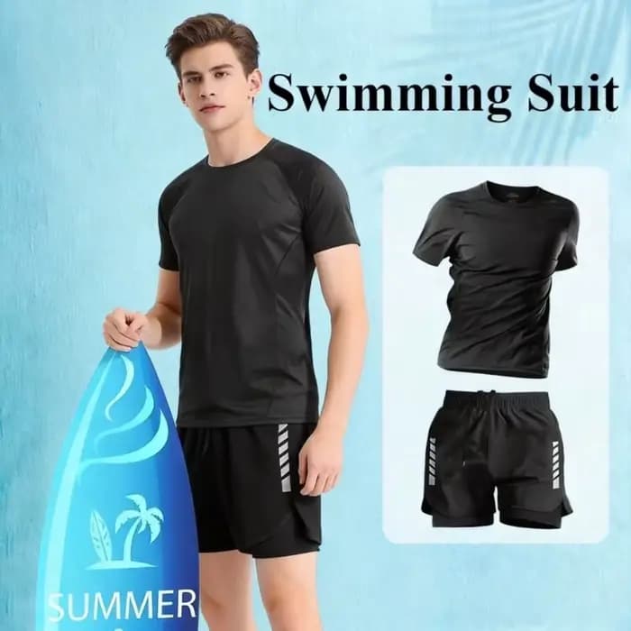 Maillot de bain homme 2026 col rond manches courtes taille mi-haute imprimé coupe ajustée t-shirt deux pièces séparées
