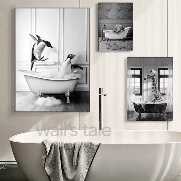 Animaux noir et blanc salle de bains Photo mur Art photos girafe éléphant affiches amusantes toile peinture impressions décor de salle de bains