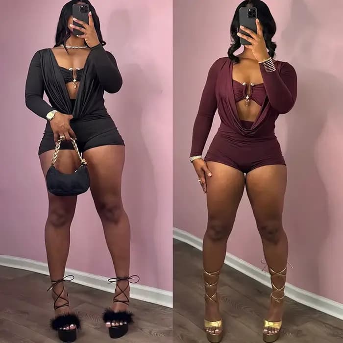 Combinaisons pour femmes, Sexy, col en V profond, manches longues, barboteuse, couleur unie, short moulant, tenue de Club, une pièce, tenue de sortie