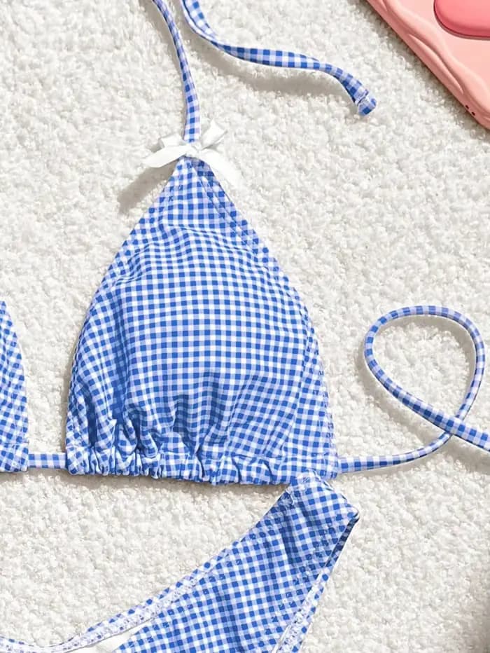 Maillot de bain deux pièces imprimé à carreaux bleus pour femmes, Sexy, bretelles avec nœud, dos nu, ensemble Bikini, taille haute, string, costume de plage, 2025