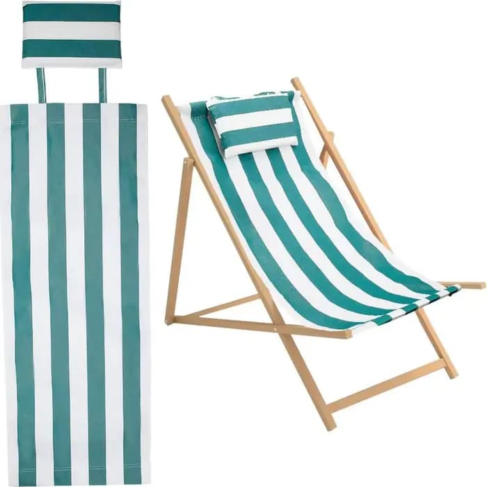 Chaise de plage en toile avec oreiller, 44x17, rayures vertes et blanches, chaise longue décontractée de remplacement, pliante pour l'extérieur