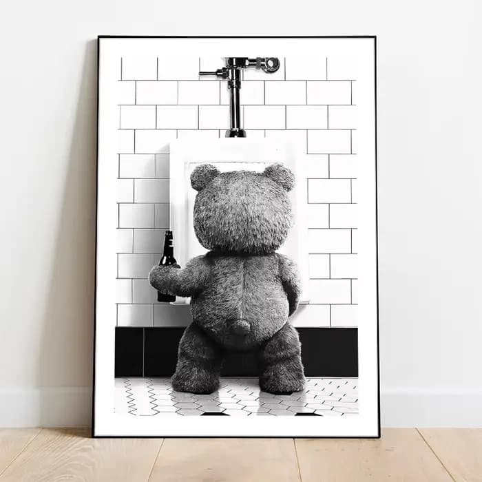 Affiche décorative murale en toile imprimée, motif ours mignon noir et blanc, pour salle de bain, décoration moderne et tendance pour chambre, maison et toilettes