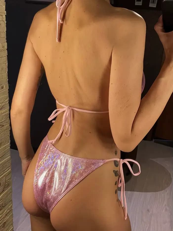 Maillot de bain femme deux pièces à paillettes scintillantes, style halter avec nœud, coupe haute
