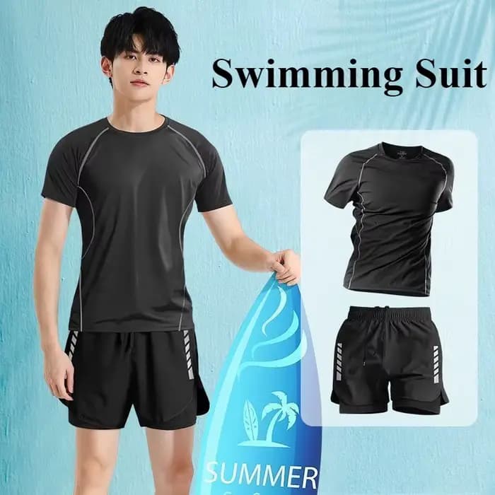 Maillot de bain homme 2026 col rond manches courtes taille mi-haute imprimé coupe ajustée t-shirt deux pièces séparées