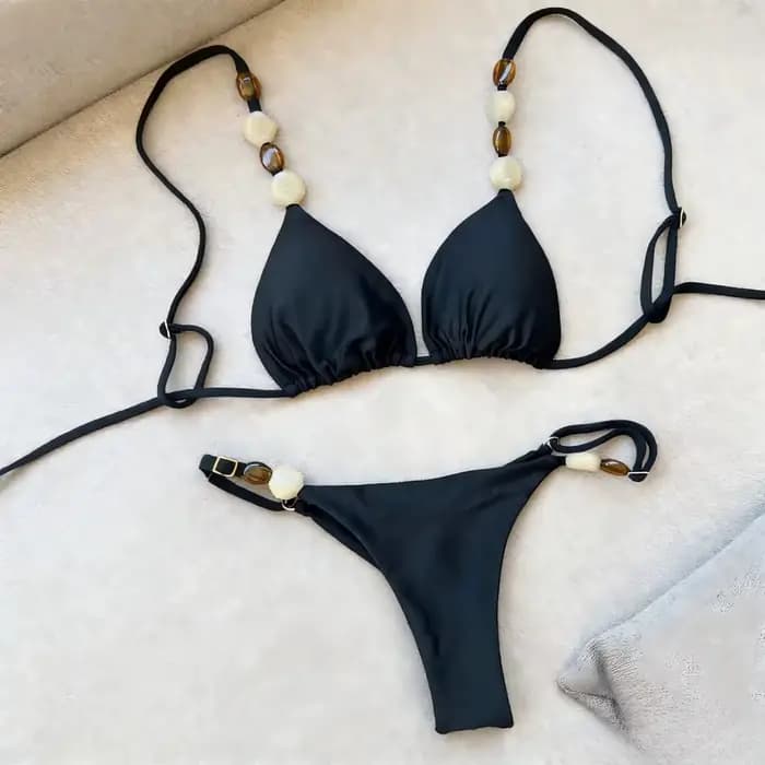Boho Chic deux pièces ensemble de Bikini avec détails en pierre couleur unie taille haute maillot de bain vacances