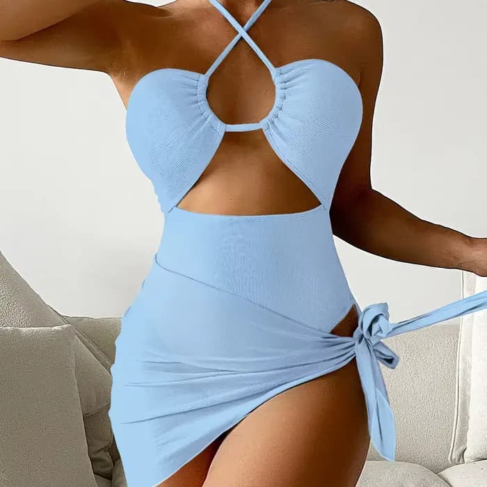 Cikini-Maillot de bain licou découpé pour femme avec jupe de plage