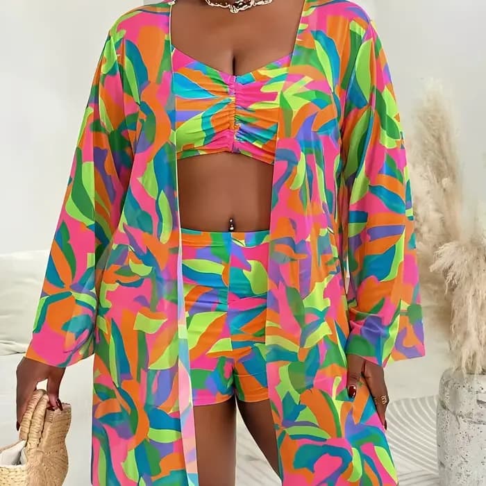 Maillot de bain grande taille 2026 pour femme, bikini taille haute et kimono, ensemble 3 pièces, pour la baignade, 4XL