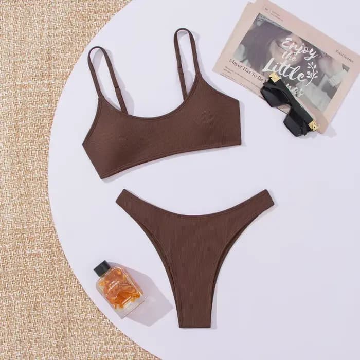 Maillot de bain bikini côtelé uni pour femme