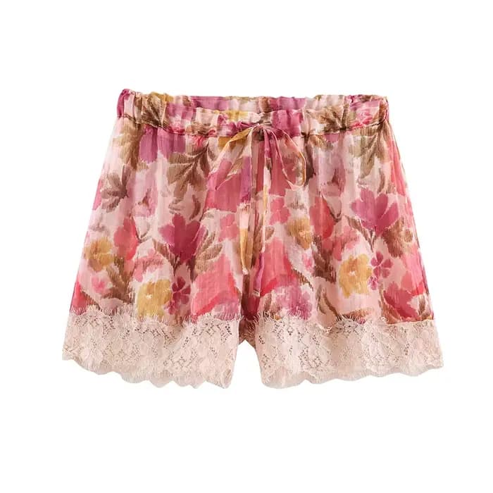 Shorts pour femmes à imprimé floral, motif floral intégral, taille haute élastique, noué devant, cou