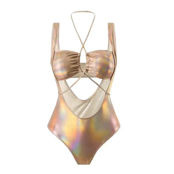 Maillot de bain une pièce sexy à paillettes métalliques, style halter, échancré, à nouer, pour femme