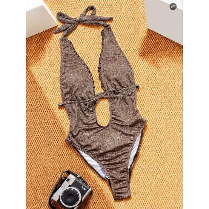 Maillot de bain une pièce scintillant 2026 pour femme, col en V profond, dos nu, froncé aux fesses,