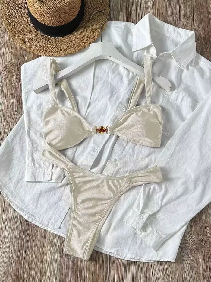 Ensemble de bikini sexy orné de coquillages métalliques 2026 pour femme, rose vif, avec soutien-gorg