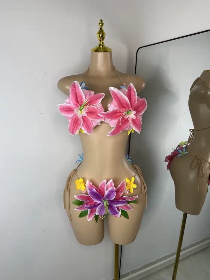 Femmes Sexy Tropical à la main fleur à la mode Bikini deux pièces Transparent Floral maillot de bain