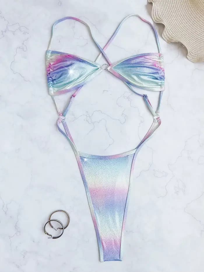 Sexy gillter dégradé arc-en-ciel dos nu bikinis une pièce maillot de bain bikini body maillots de ba