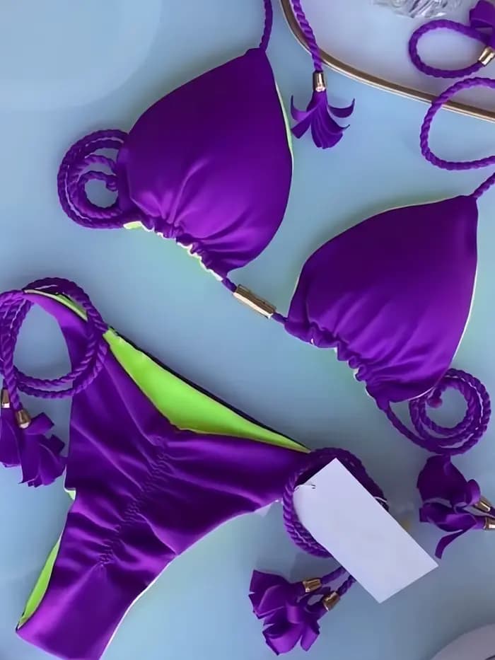 Sexy couleur unie deux pièces Triangle maillots de bain maillot de bain pour femme tressage corde Bi