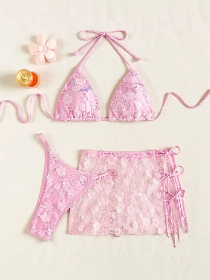Ensemble bikini 3 pièces rose pailleté en maille brillante pour femme, avec soutien-gorge push-up et