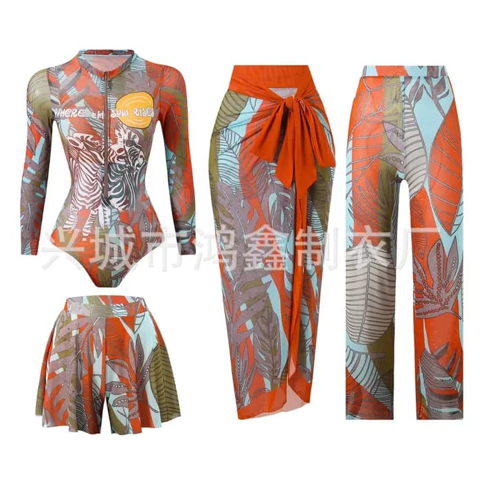 Maillot de bain une pièce pour femme avec protection en maille à manches longues, ensemble quatre pi