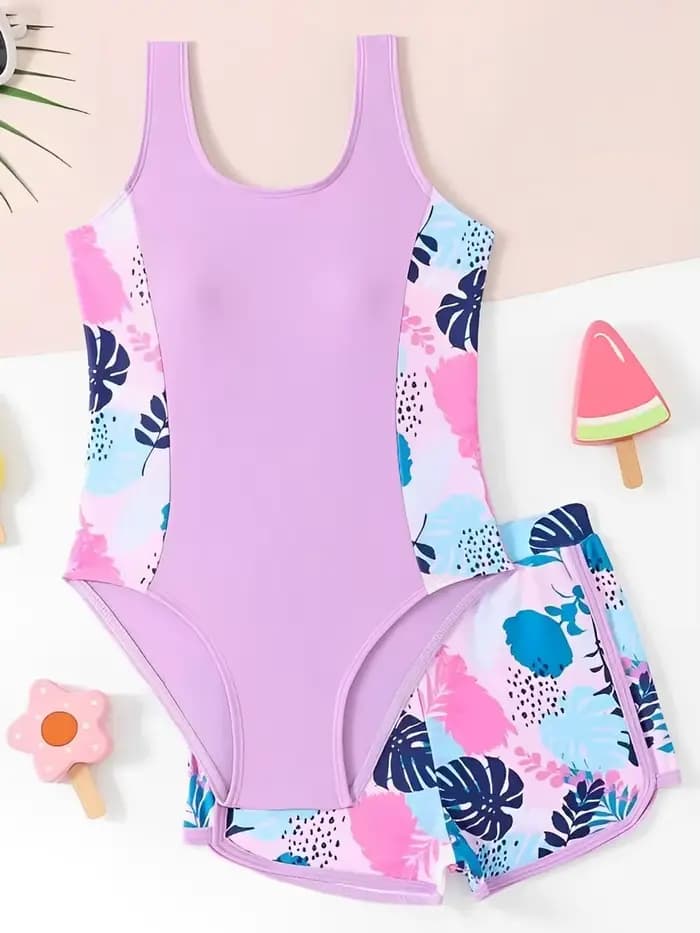 Maillot de bain une pièce avec short pour filles 2026 – Tenue de bain pour enfants, maillot de bain