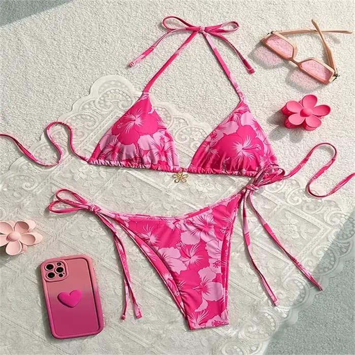 Fleur pendentif Bikinis ensembles rose imprimé fleuri maillot de bain Push Up Triangle String dos nu