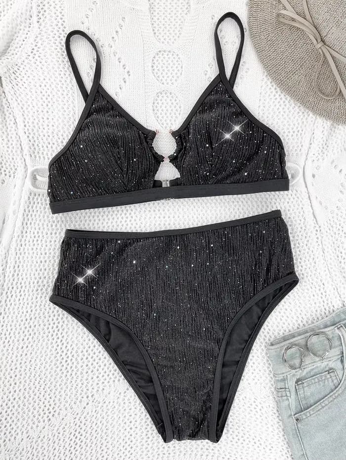 Maillot de bain deux pièces noir brillant pour femme, bikini taille haute évidé avec anneau 2026, ma
