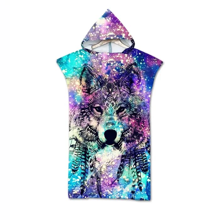 Serviette de plage de bain avec capuche, en microfibre, imprimé loup, Robe à capuche, Poncho pour la