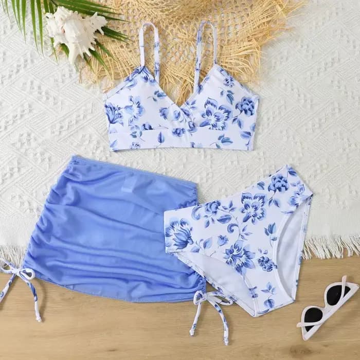 Nouvel ensemble trois pièces pour filles 2026 : Maillot de bain bikini avec jupe en mousseline pour