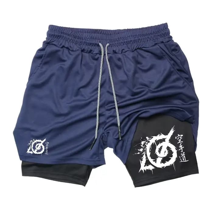 Short de sport 2-en-1 pour homme avec motif karaté, idéal pour la course et la gym, avec doublure de