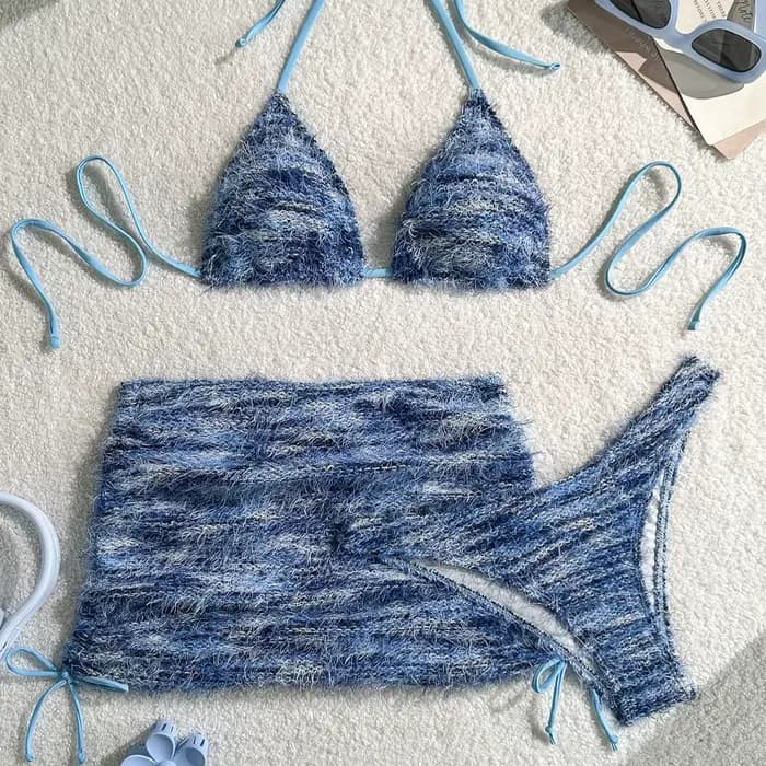Maillot de bain 3 pièces à bretelles et découpes pour femme avec jupe, ensemble bikini dos nu, tenue