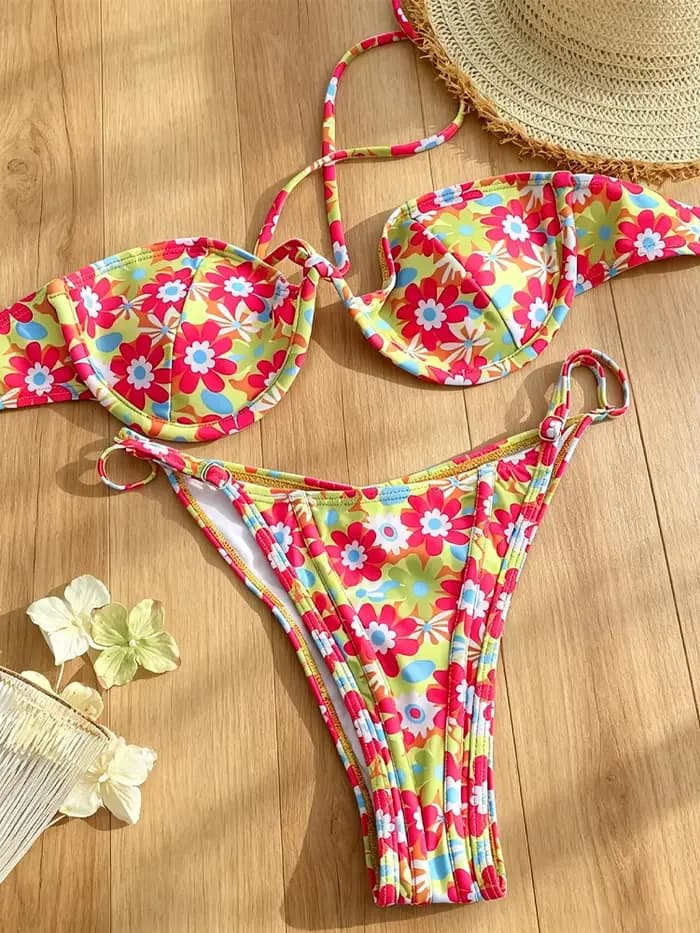 Rinabe Maillot de bain bikini à imprimé floral, dos nu, coupe haute, deux pièces, tenue de plage