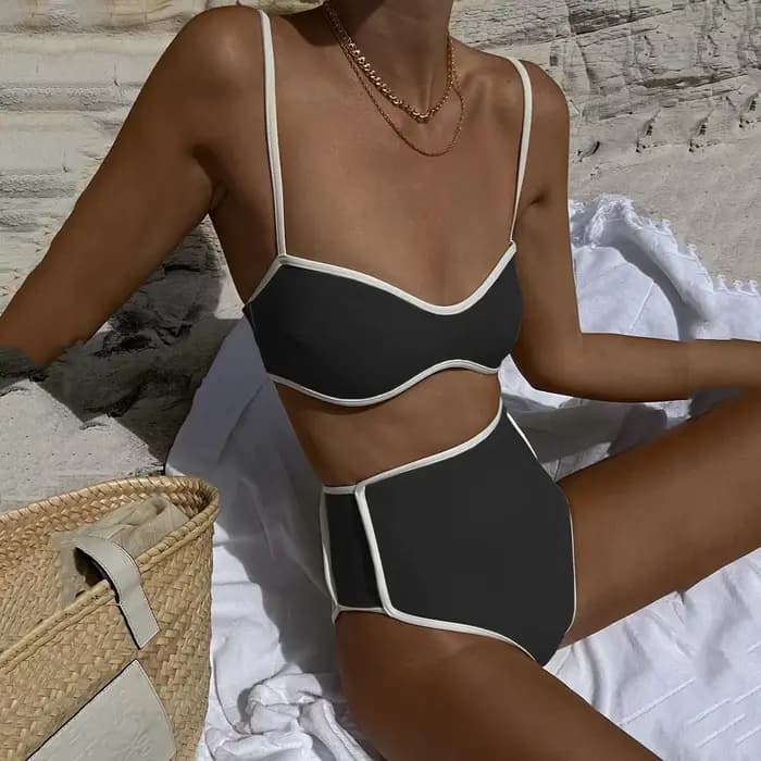 Noir 2 pièces Bikini ensemble maillot de bain 2025 Vintage taille haute maillots de bain femmes mail