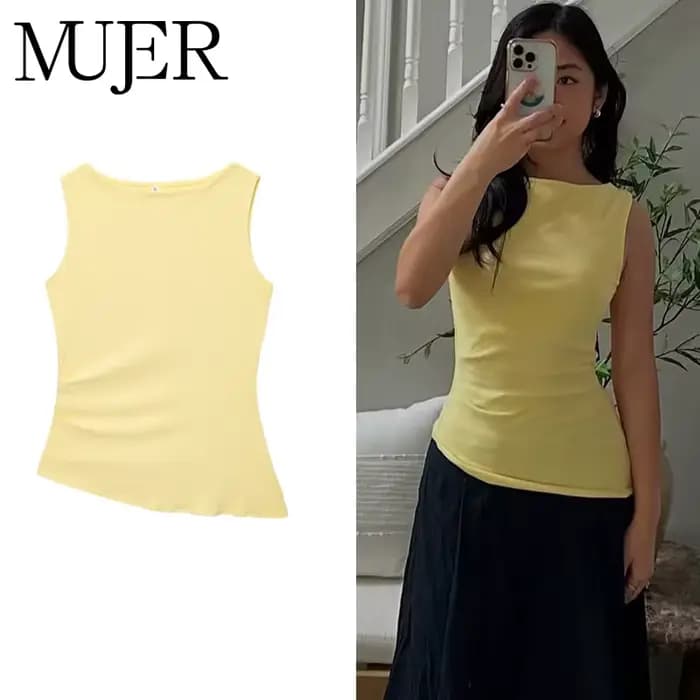 MUJER jaune froncé haut femme asymétrique débardeurs hauts pour femmes 2025 été haut sans manches fe