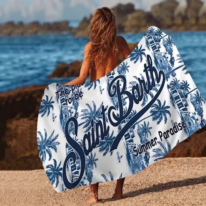 LE SAINT-TROPEZ Serviette de plage à imprimé lettres, blanche et bleue, simple, en microfibre, grand