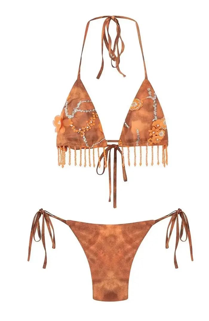 Bohème deux pièces ensemble Bikini pour femmes perle frange florale brodée Sexy col en V profond vac