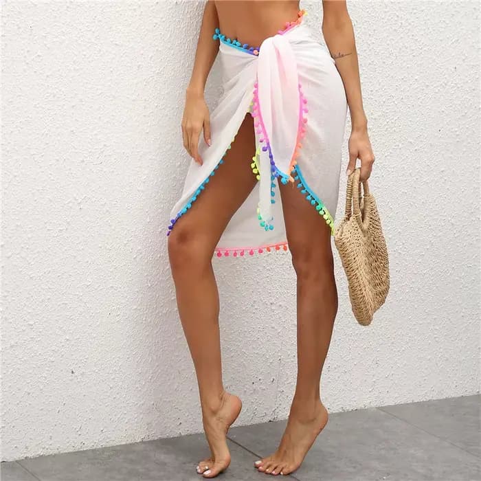 LAMUUSAA-Jupe de Plage Sexy en Maille Transparente pour Femme, Bikini avec Pompons Colorés, Sarong