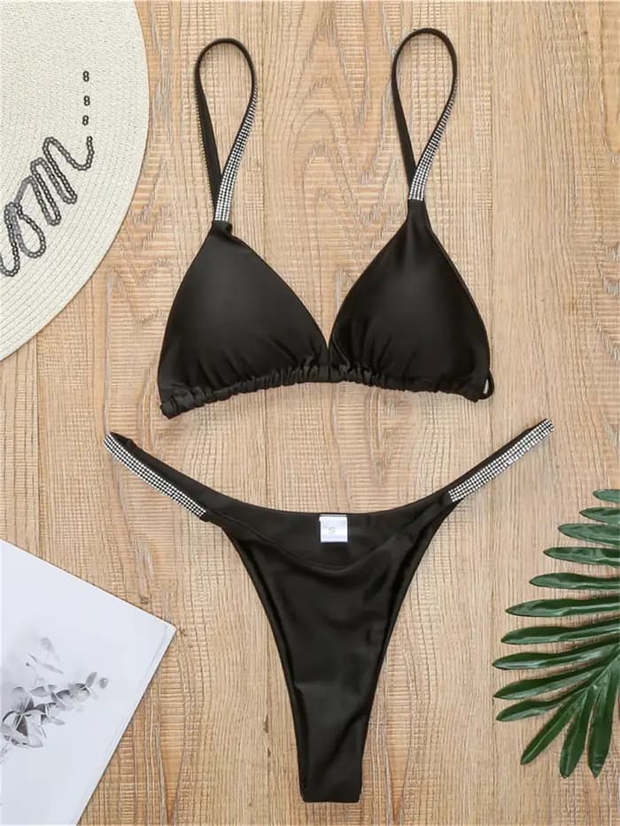 Diamant maillots de bain femmes 2025 Sexy rose Micro Bikini brésilien noir strass string maillots de