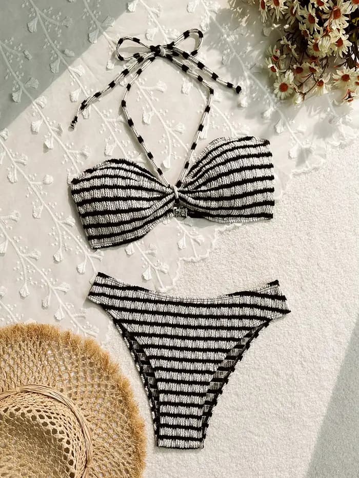 Ensemble bikini sexy rose à rayures 2026 pour femme, avec soutien-gorge push-up plissé et maillot de