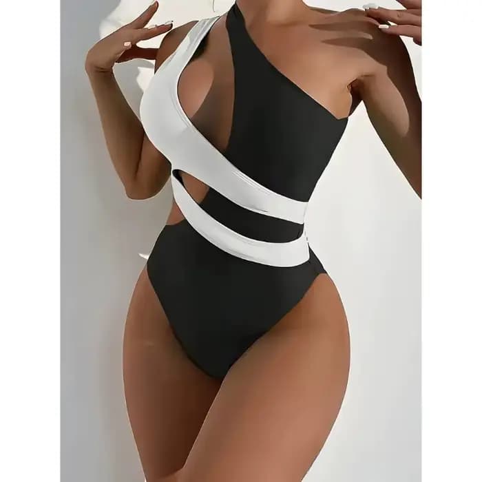 Maillot de bain sexy pour femme, une pièce, asymétrique à une épaule, coupe haute, design color bloc