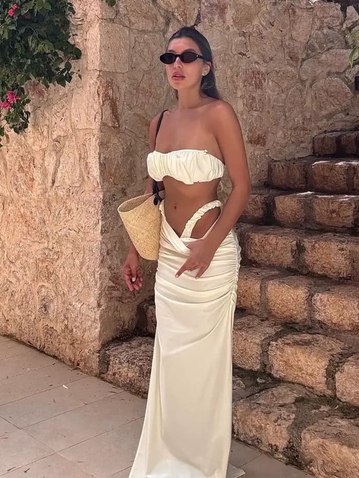 Maillot de bain Bandeau froncé sans bretelles, 3 pièces, ensemble Bikini à bulles blanches, jupe Max