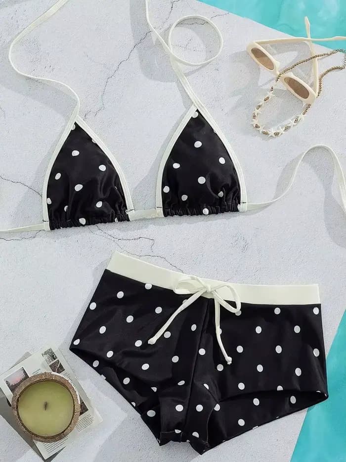 Ensemble de bikini pour femme brésilienne sexy, imprimé à pois, haut triangle exposé au dos et bas d