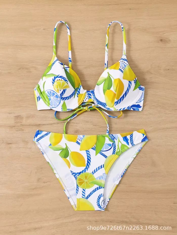 2025 Sexy citron imprimé Bikini ensemble Tropical maillot de bain deux pièces brésilien effronté cul