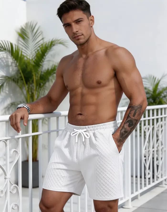 Shorts blancs texturés pour hommes avec cordon de serrage à la taille, respirants et à séchage rapid