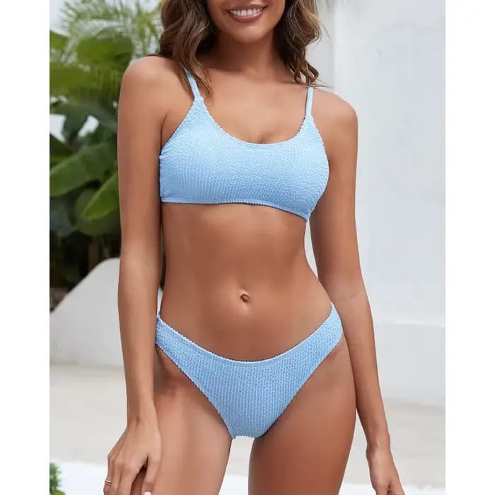Ensembles de bikinis côtelés pour femmes, maillot de bain texturé à col rond, deux pièces, nouvelle