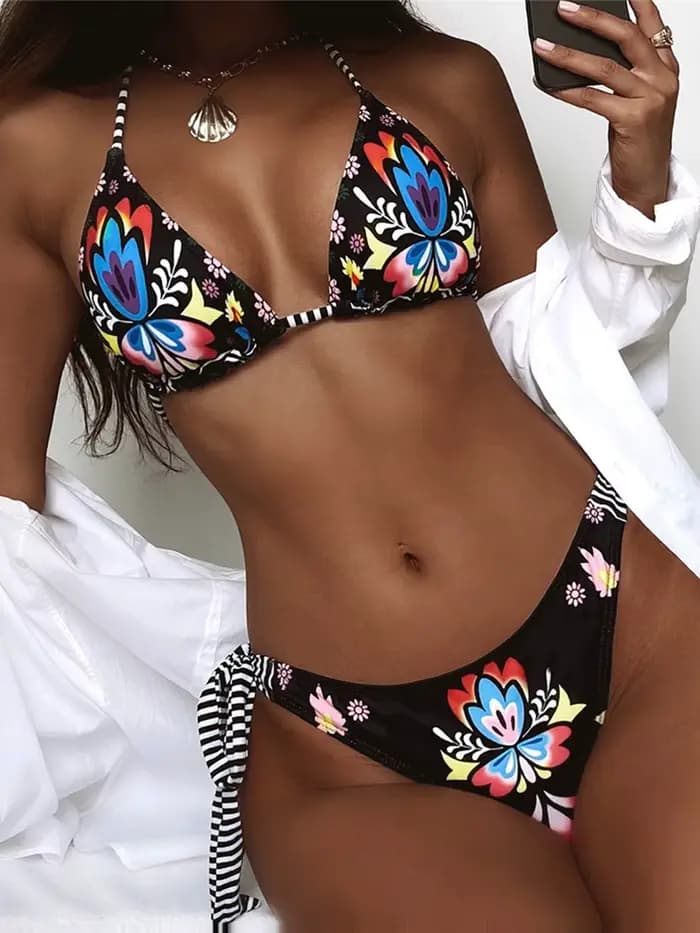 Maillot de bain brésilien pour femmes, imprimé de fleurs, bikini à col licou, ensemble deux pièces,