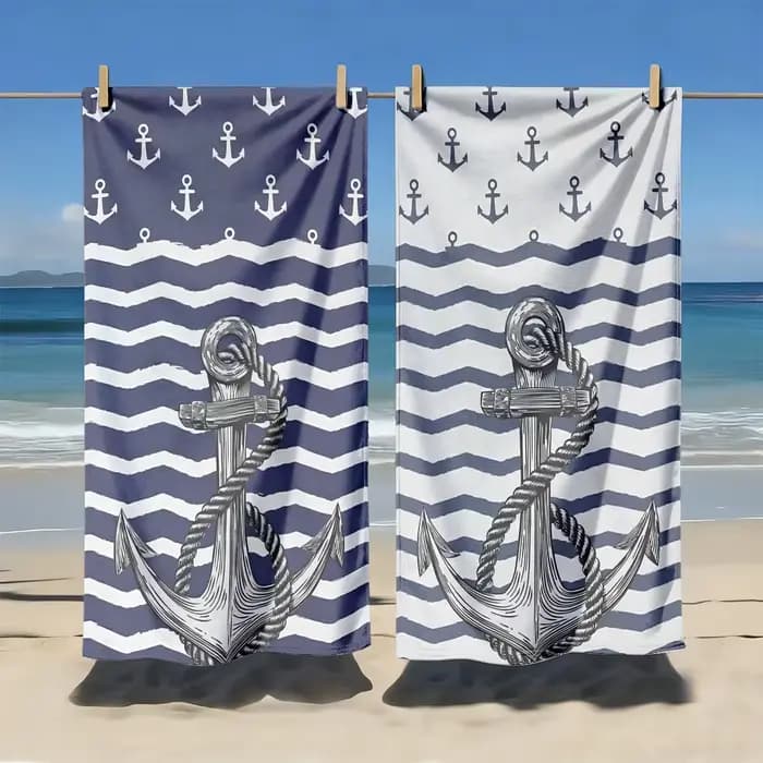2 serviettes de plage à séchage rapide, motif ancre nautique et roue de bateau, serviettes de bain s